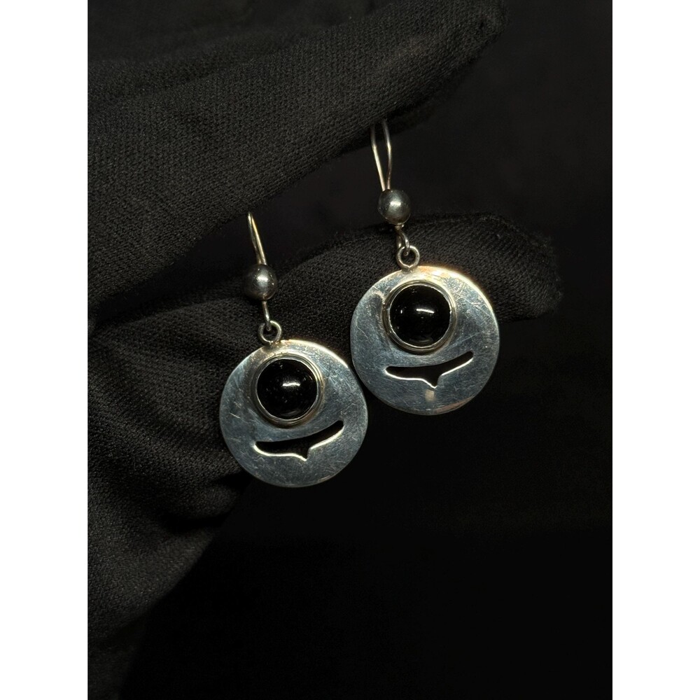Onyx Sterling Silver Coin Slot Dangle Earrings